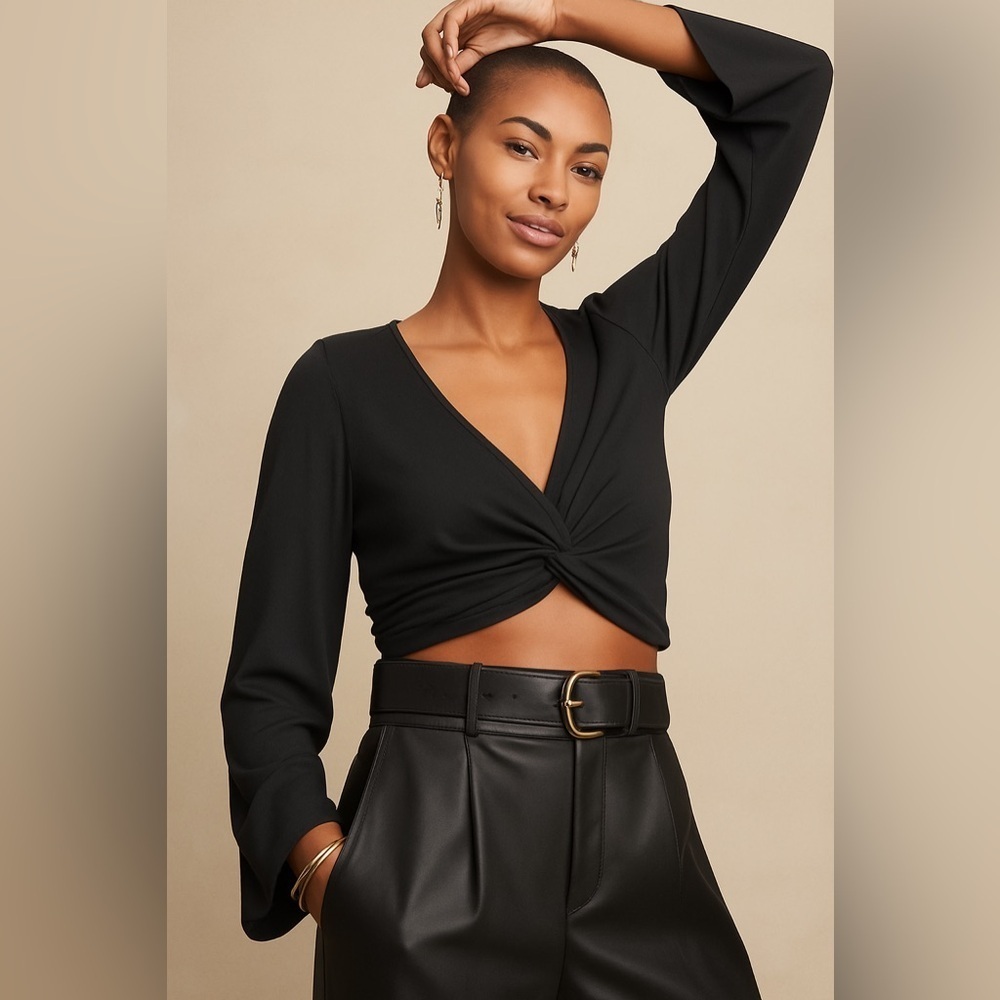 Banana Republic SilkyLuxe Center-Twist Waist Length Bell Sleeve Black Top, Small